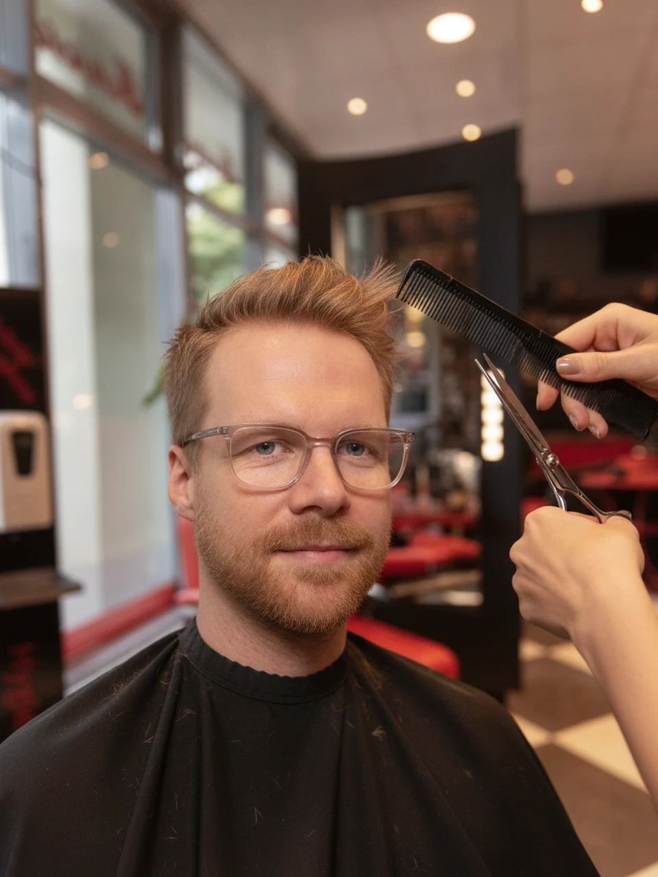 Herrenschnitt im Salon, beim Styling mit Schere und Kamm